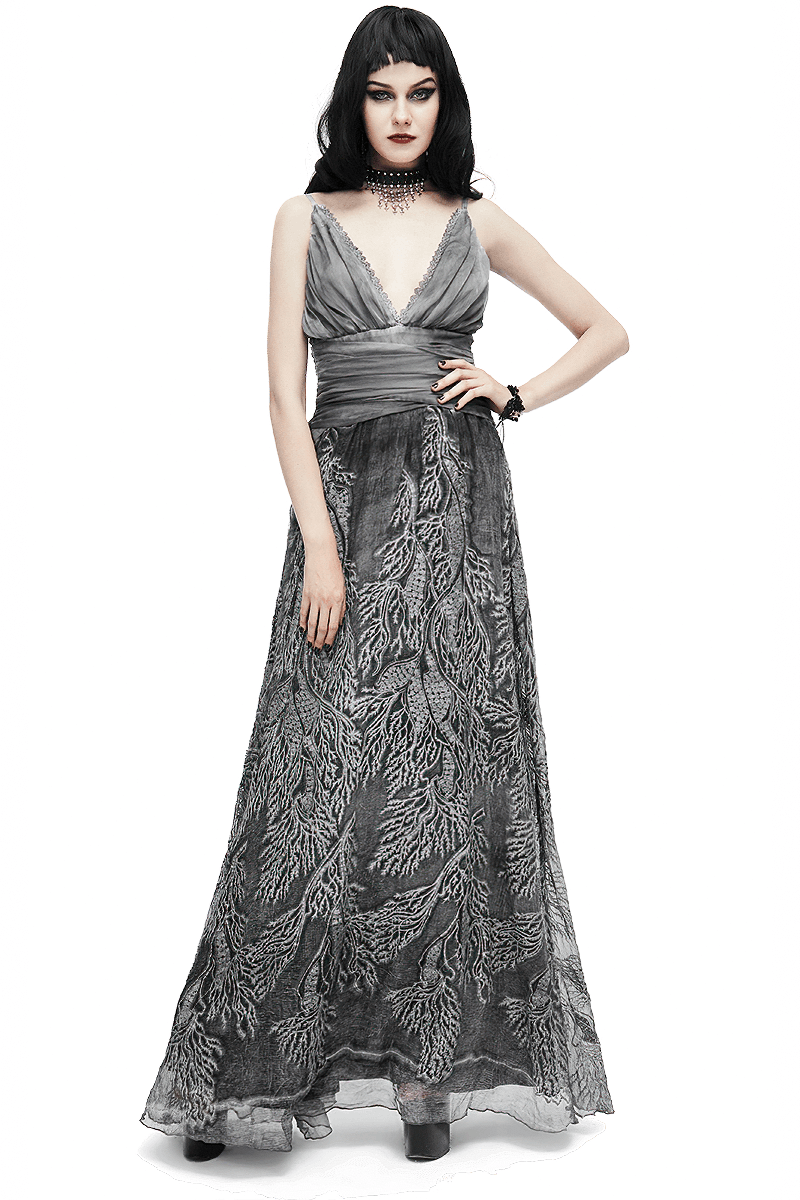 Gothic gray deep V backless dress for women, featuring vintage patterns and elegant design perfect for punk fashion lovers.