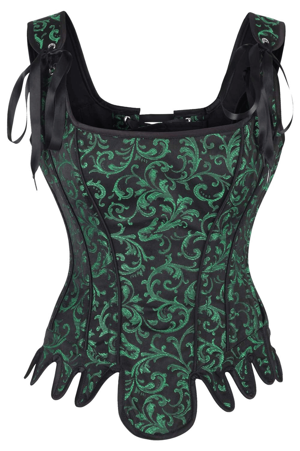 Gothic green brocade overbust corset with lace-up back and intricate pattern, perfect for alternative fashion.