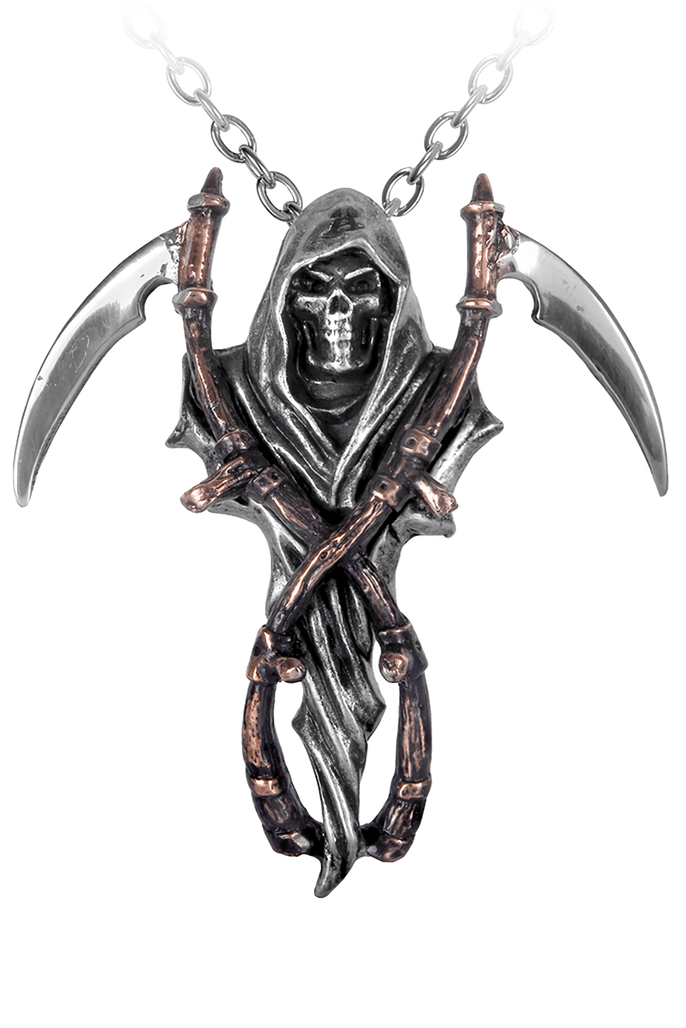 Gothic Grim Reaper pendant featuring dual scythes and a detailed cloaked figure, perfect for alternative fashion lovers.