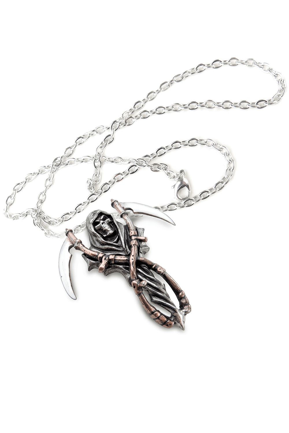 Gothic Grim Reaper pendant featuring dual scythes and pewter design, perfect for alternative fashion enthusiasts.