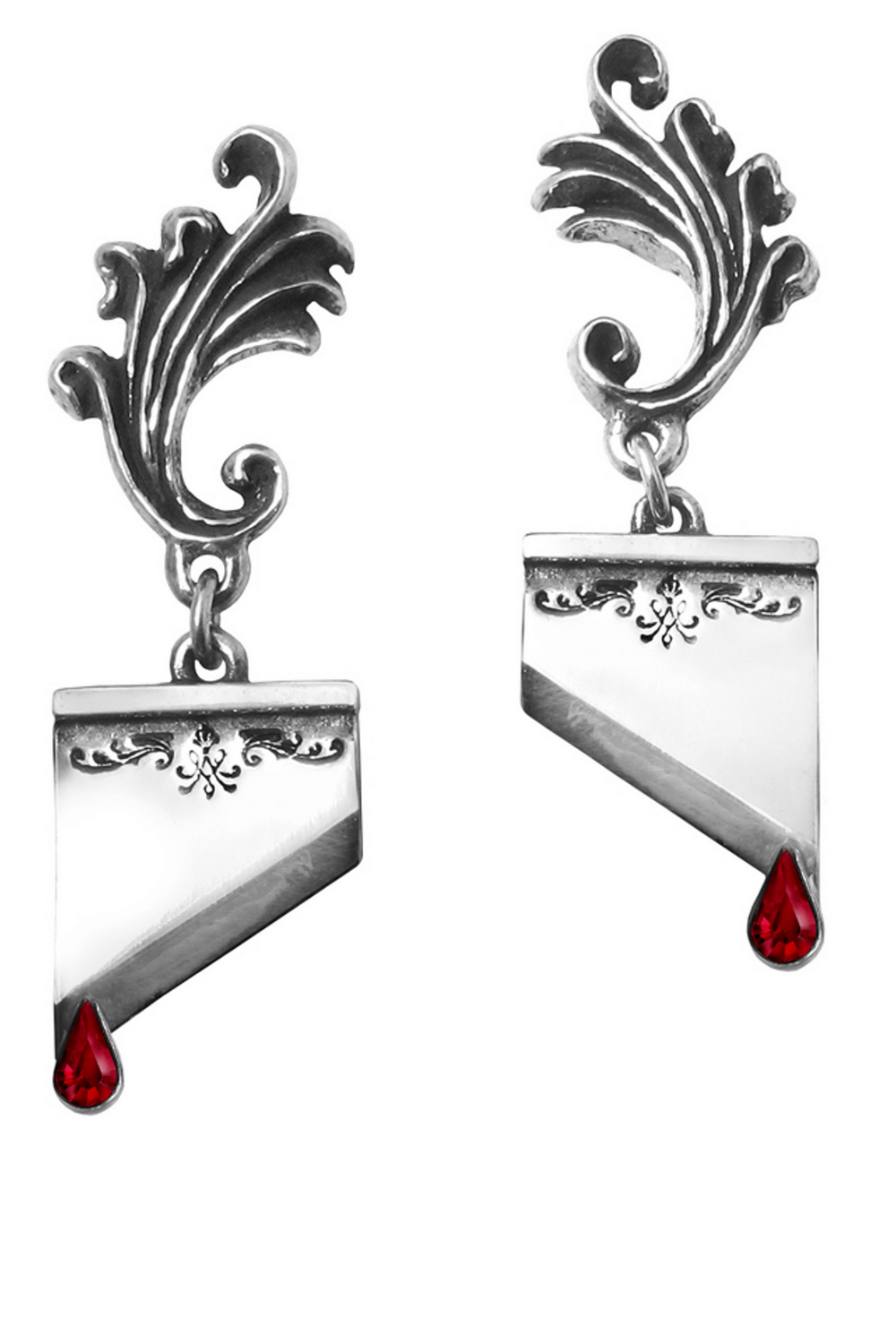 Gothic guillotine blade earrings with red crystal drops, embodying macabre elegance and dark beauty.