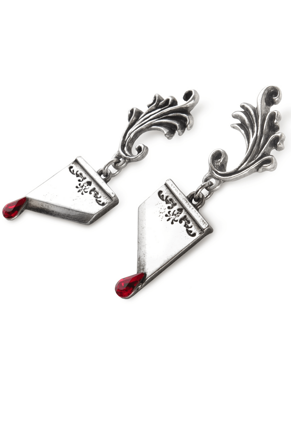 Gothic guillotine blade earrings with red crystal drops, showcasing a macabre elegance and intricate design.