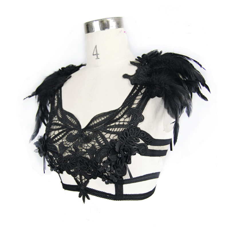 Gothic women's black guipure top with detachable feathers, showcasing intricate lace and stylish straps.