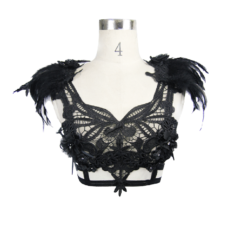 Gothic women's black guipure top with detachable feather accents and intricate floral lace design.