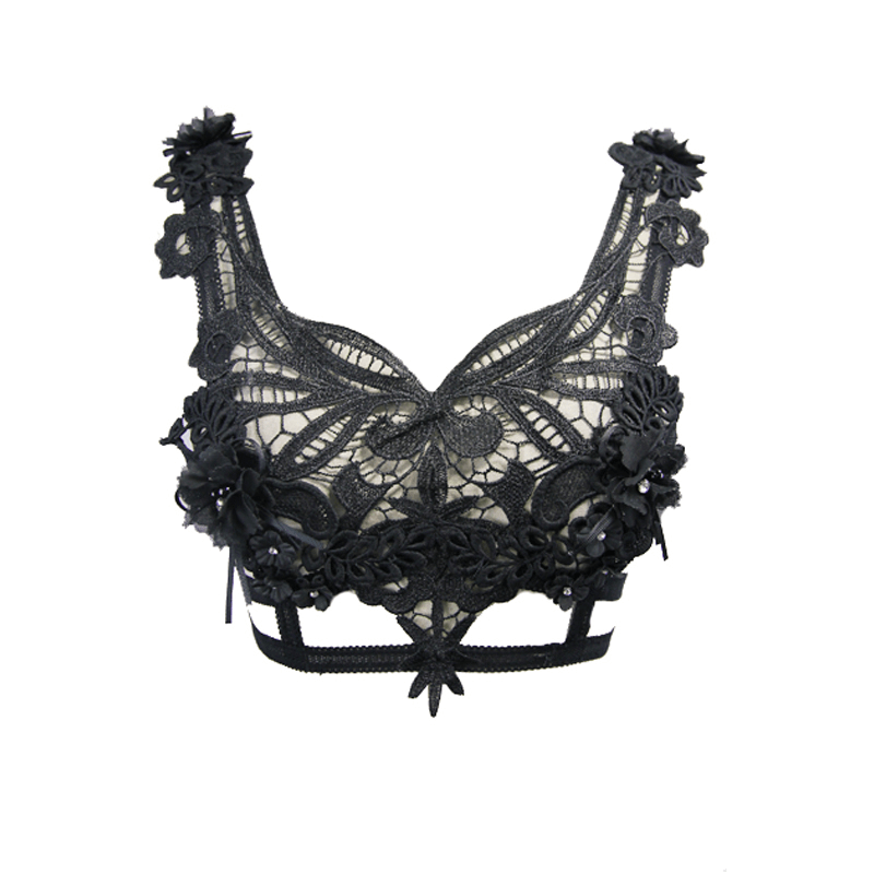 Gothic black guipure top featuring elegant lace details and detachable feather accents, perfect for a stylish look.