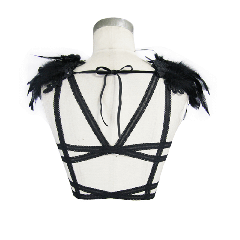 Back view of women's Gothic Guipure top with detachable feather accents and black straps.