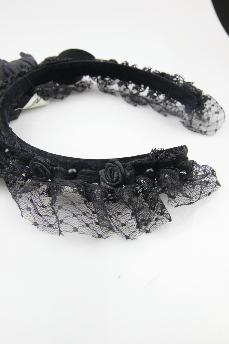 Elegant gothic black floral hair wreath with lace and rose accents for women's hairstyles.
