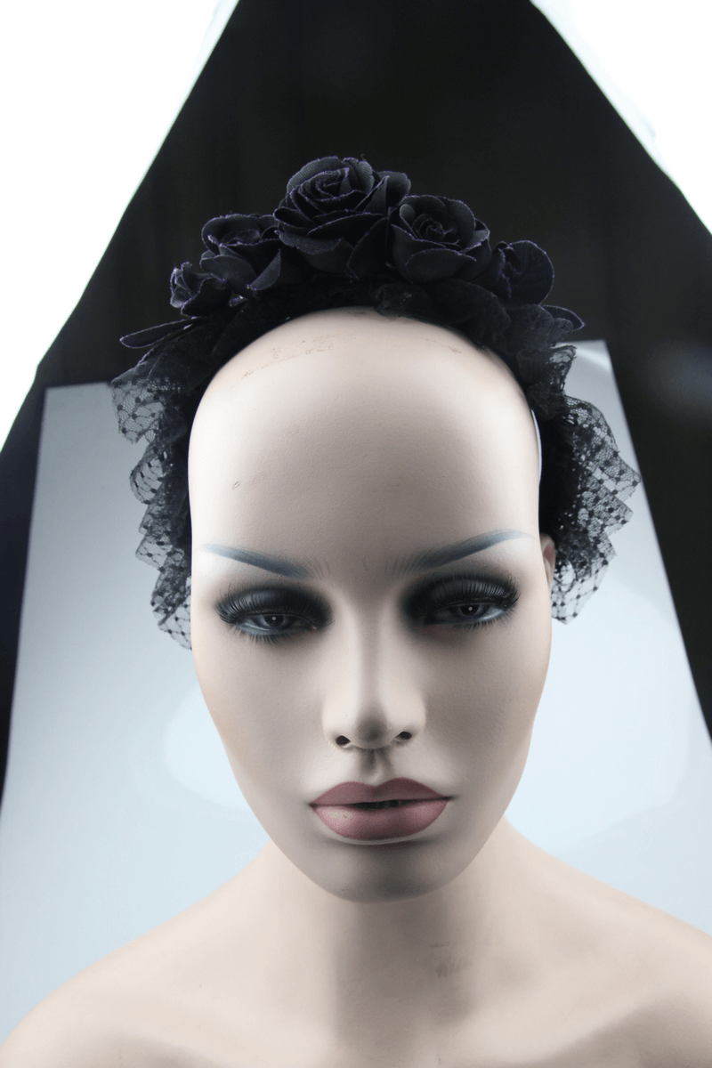 Elegant black floral hair wreath with roses, perfect gothic accessory for women's hairstyles.