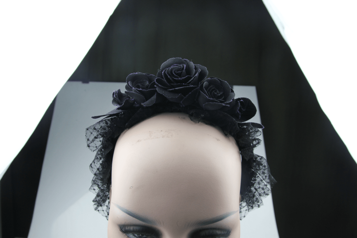 Elegant black floral hair wreath with rose accents, perfect gothic accessory for women's outfits.