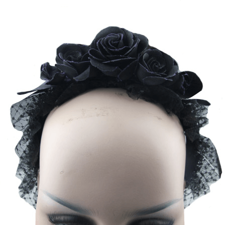 Elegant women's gothic hair wreath with black roses and lace trim, perfect for completing any outfit.