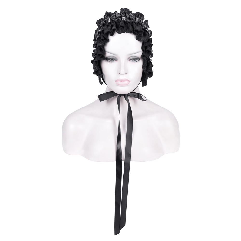 Gothic hair accessory with satin ribbon and ruffle trim, perfect for Victorian-inspired cosplay and themed events.