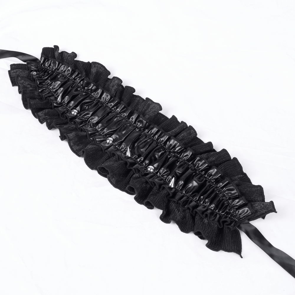 Gothic hair accessory featuring a black satin ribbon and ruffled trim, perfect for Victorian-inspired fashion.