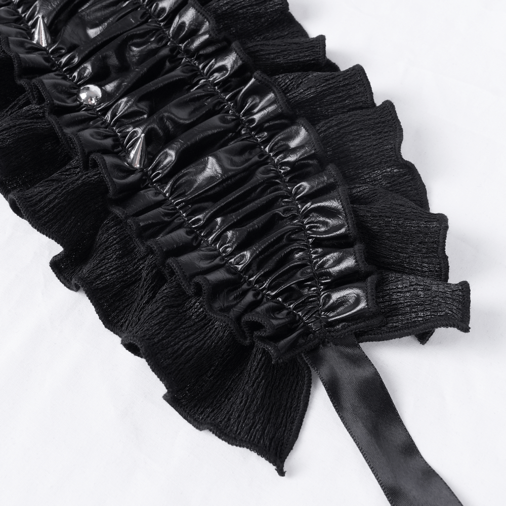 Victorian-inspired gothic hair accessory with intricate ruffle trim and satin ribbon ties in black.