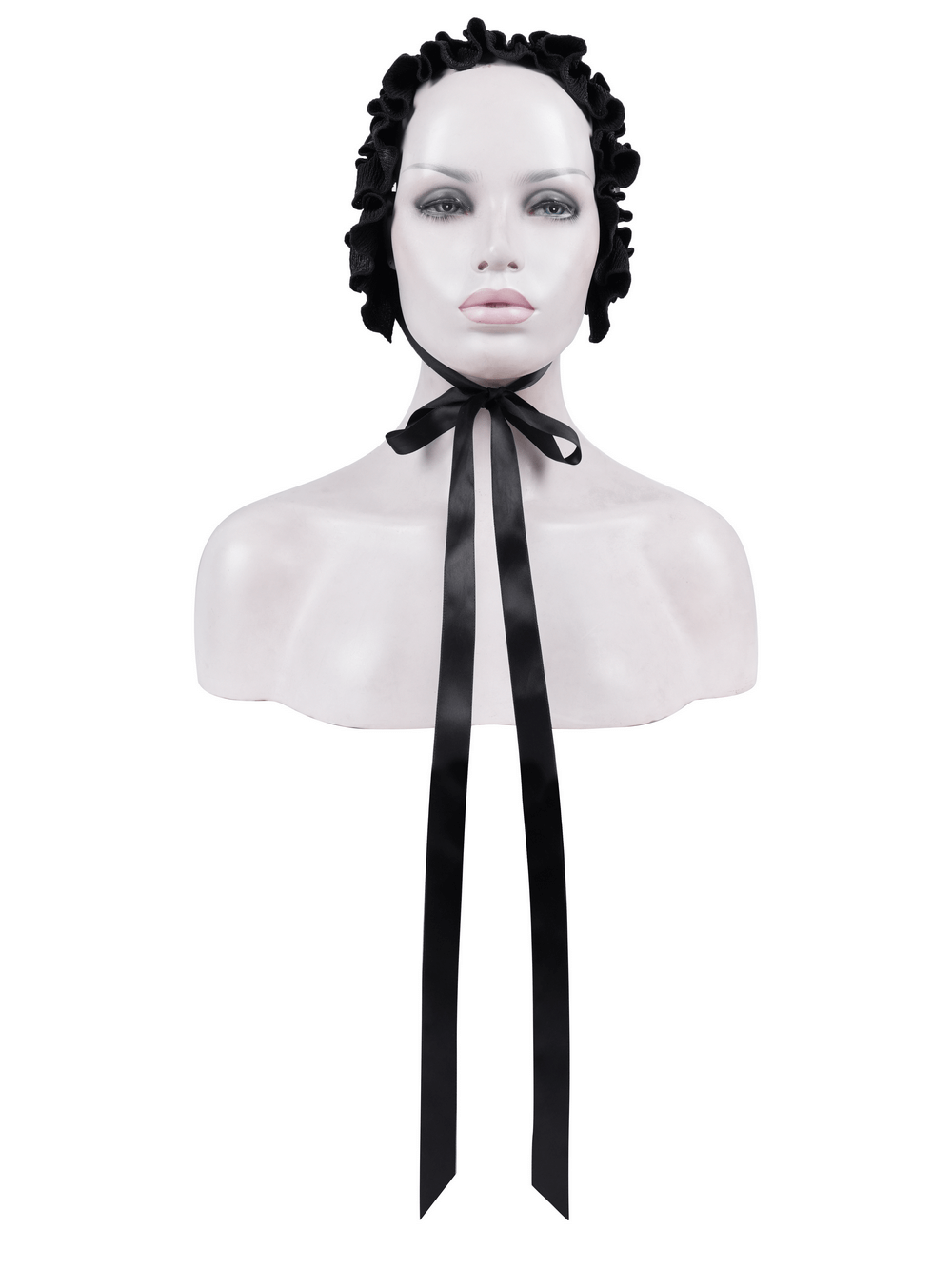 Gothic hair accessory with satin ribbon and ruffle trim, perfect for Victorian-inspired cosplay or outfits.