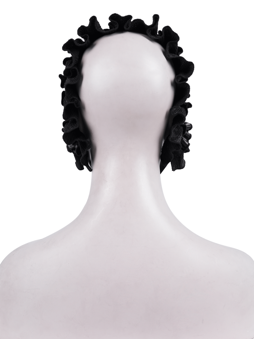 Back view of a gothic hair accessory featuring ruffled trim and black satin ribbon ties for a Victorian-inspired look.