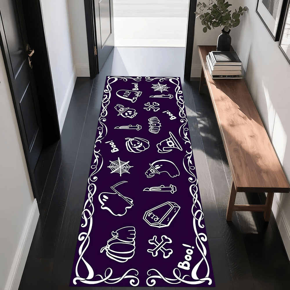 Gothic Hallway Runner Rug with Spooky Art Motifs featuring ghosts, pumpkins, and spiders in a stylish entryway.