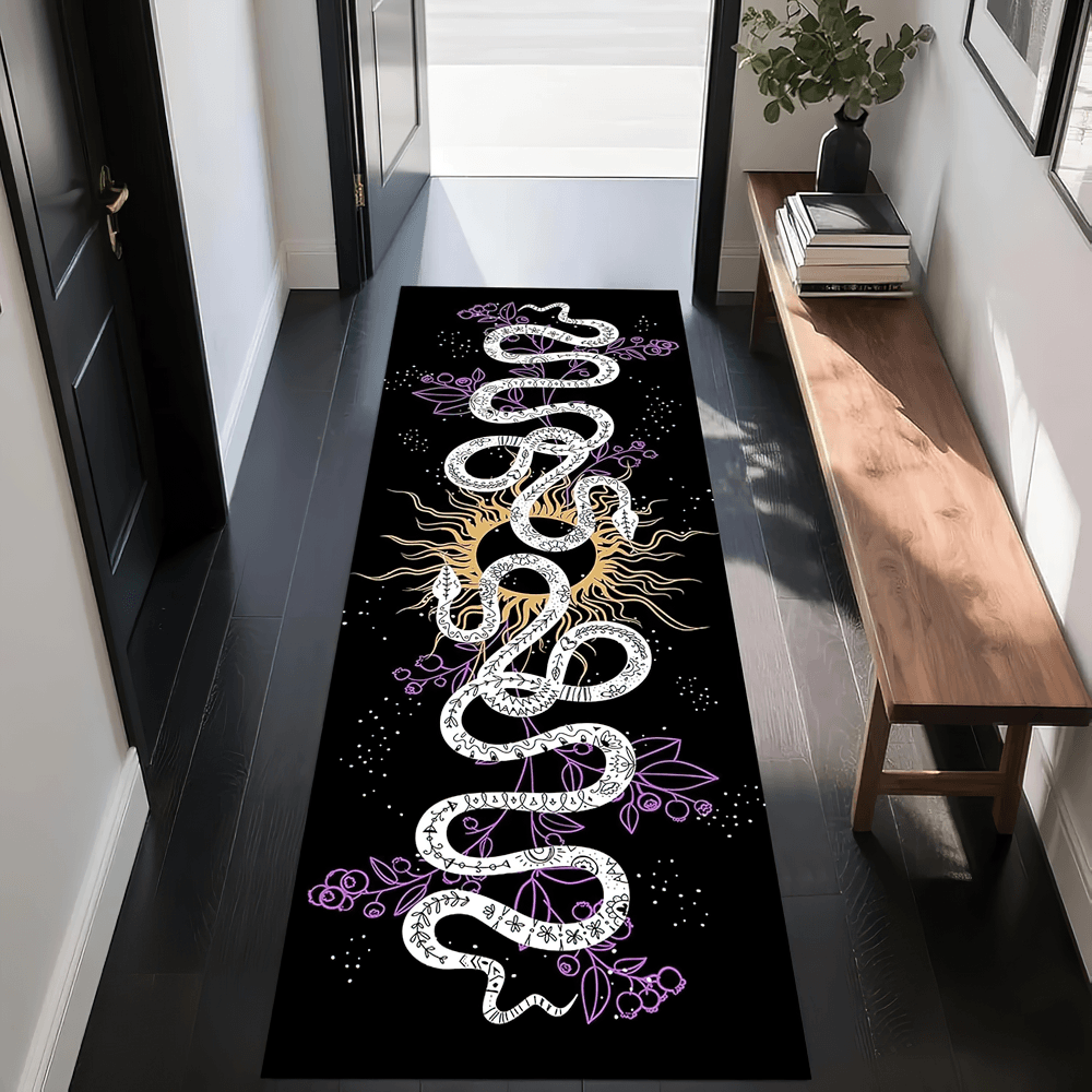 Gothic Hallway Runner Rug with Spooky Art Motifs in a stylish black hallway with floral and snake designs.