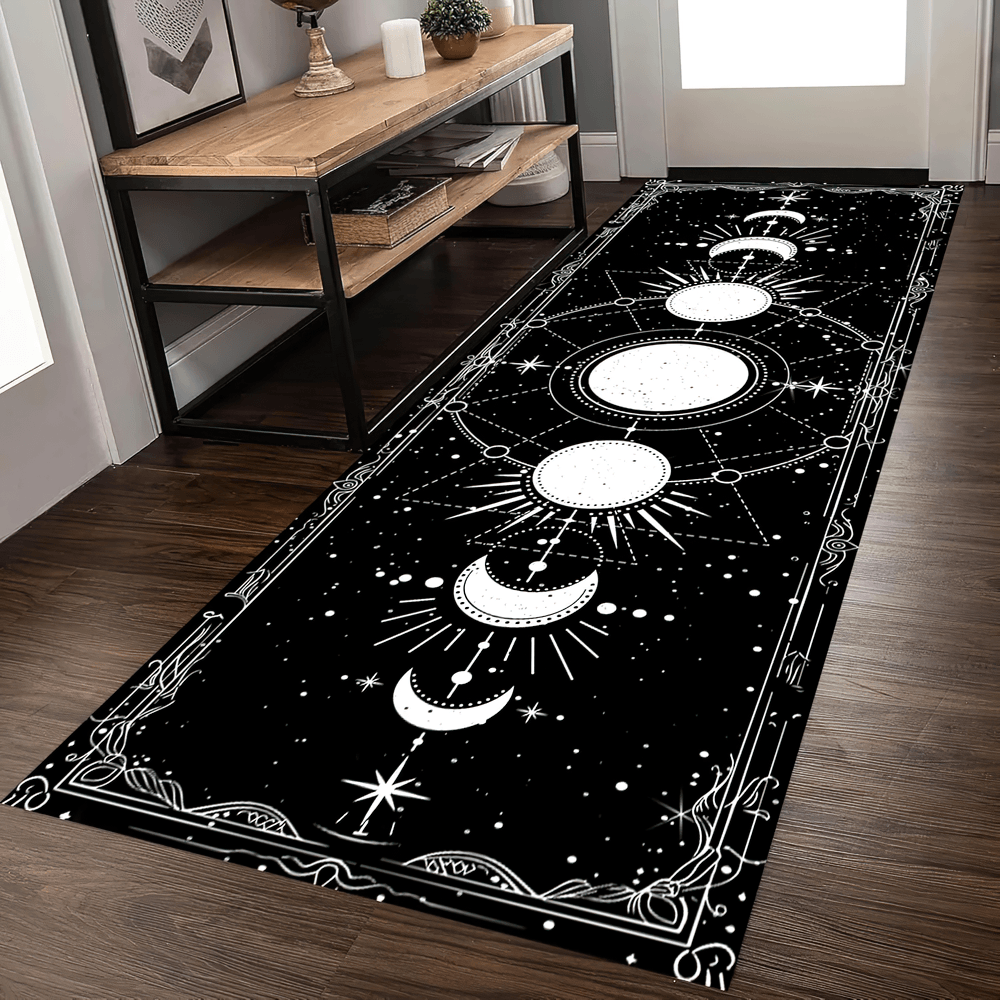 Gothic Hallway Runner Rug with Spooky Art Motifs in a modern entryway with celestial designs on a black background.