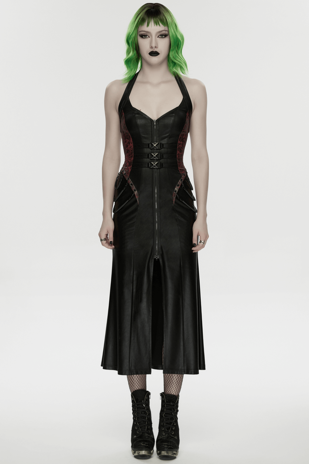 Gothic Halter Dress with Lace-Up Waist and Zipper Split worn by a model with green hair, showcasing its unique design.