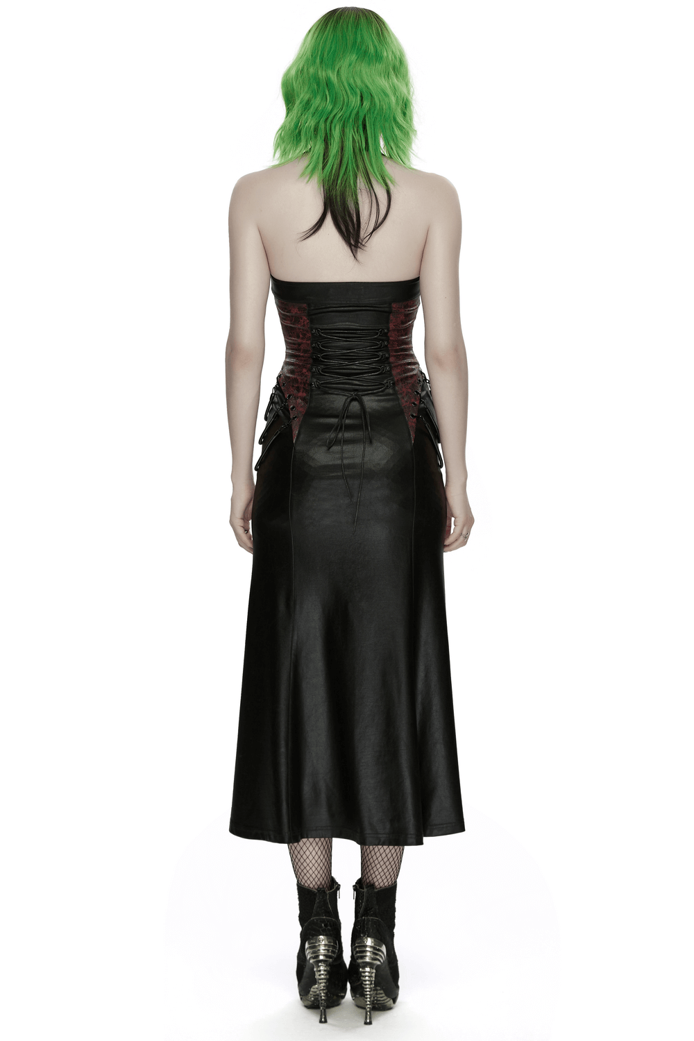 Gothic Halter Dress with Lace-Up Waist and Zipper Split, showcasing a sleek back view with lacing and a flattering fit.
