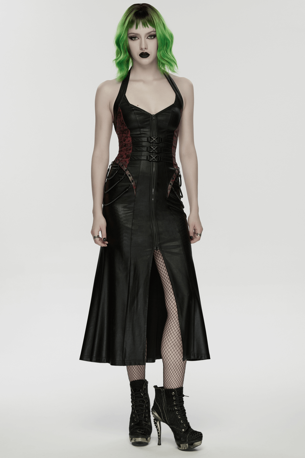 Gothic Halter Dress with Lace-Up Waist and Zipper Split worn by a model with green hair and edgy makeup.