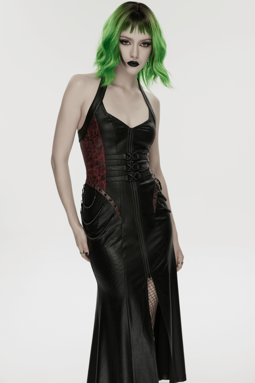 Gothic Halter Dress with Lace-Up Waist and Zipper Split on a model with green hair, showcasing a bold and striking style.