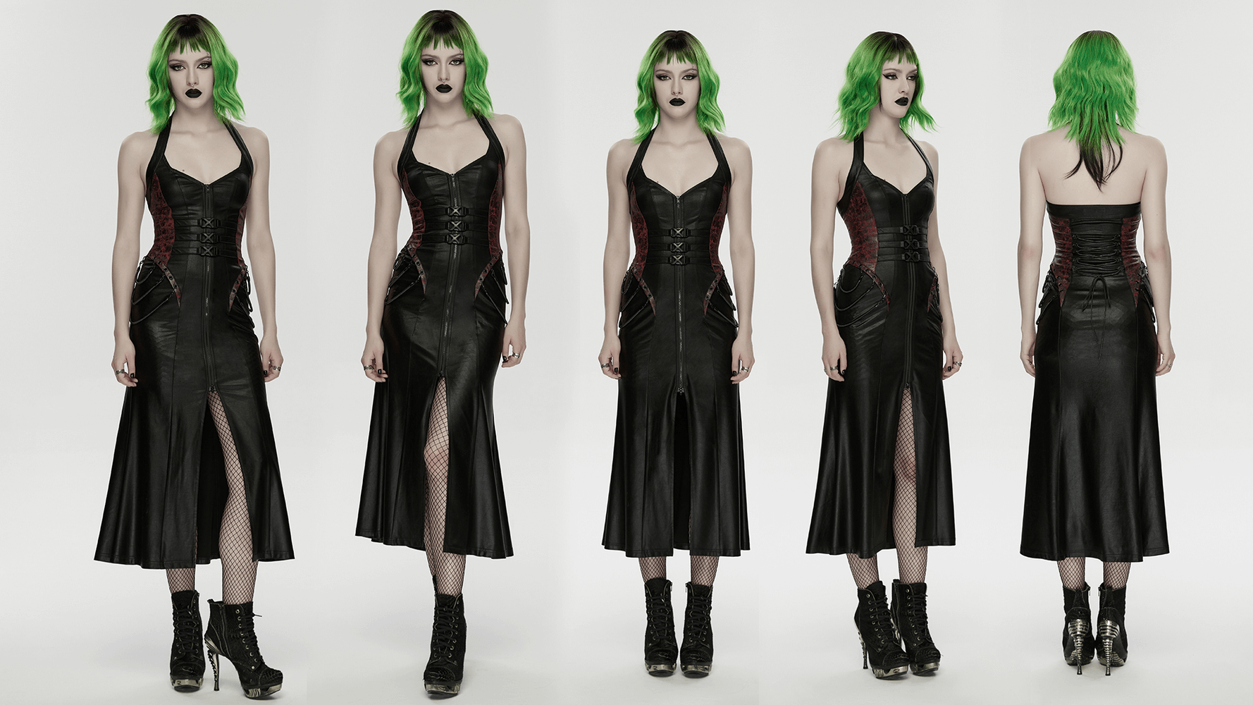 Gothic Halter Dress with Lace-Up Waist and Zipper Split worn by model showcasing front and back view.
