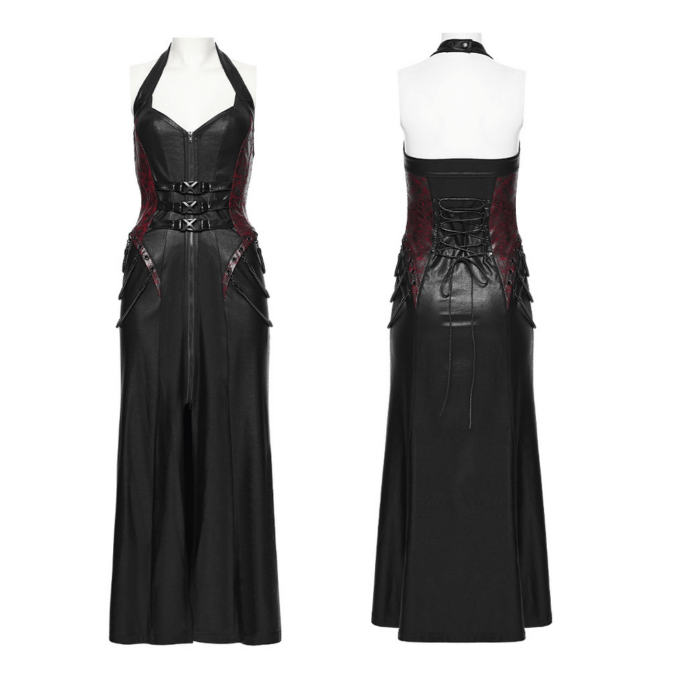 Gothic Halter Dress with Lace-Up Waist and Zipper Split featuring adjustable fit and stylish lace-up details.