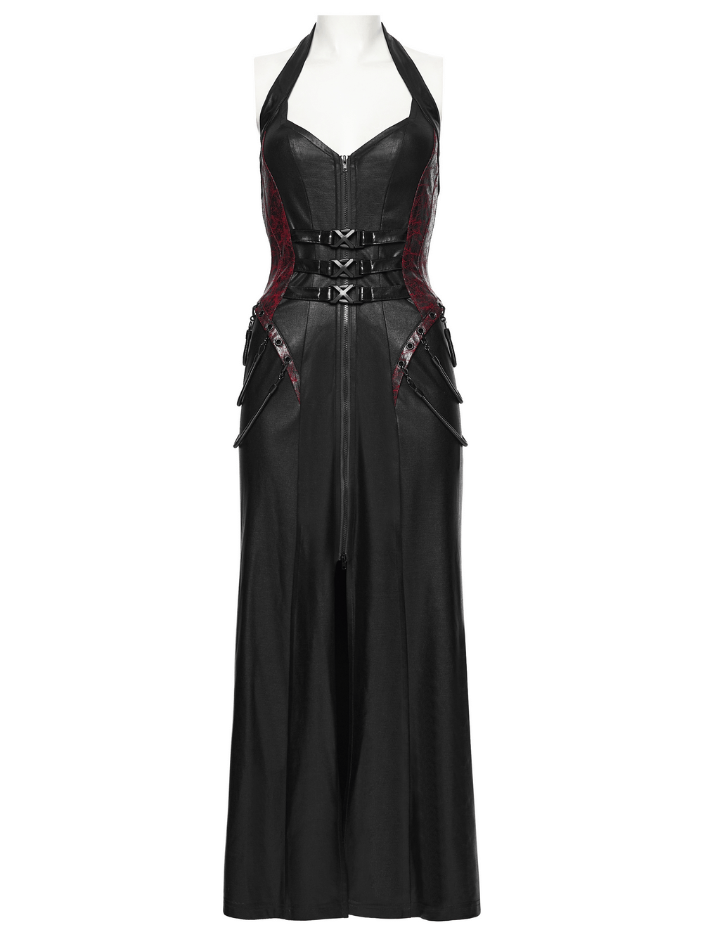 Gothic Halter Dress with Lace-Up Waist and Zipper Split on display showcasing its unique design and adjustable fit.