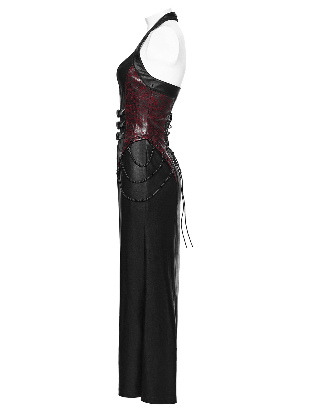 Gothic Halter Dress with Lace-Up Waist and Zipper Split showcasing a sleek, adjustable and bold design.