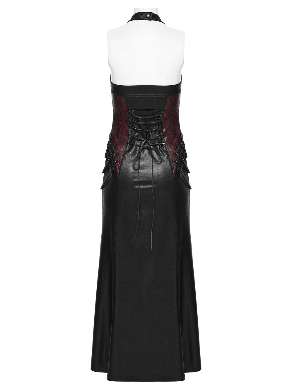 Gothic Halter Dress with Lace-Up Waist and Zipper Split, showcasing the laced back design and sleek silhouette.