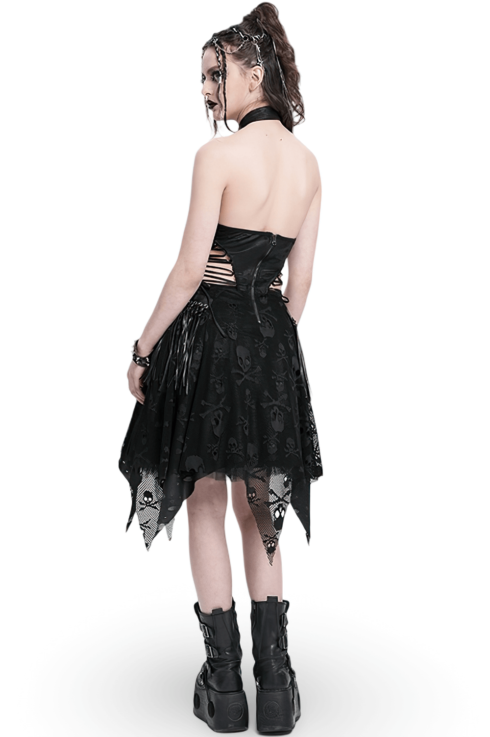 Gothic Halter Dress with Skull Lace and Cross Embellishments Gothic Halter Dress with Skull Lace and Cross Embellishments