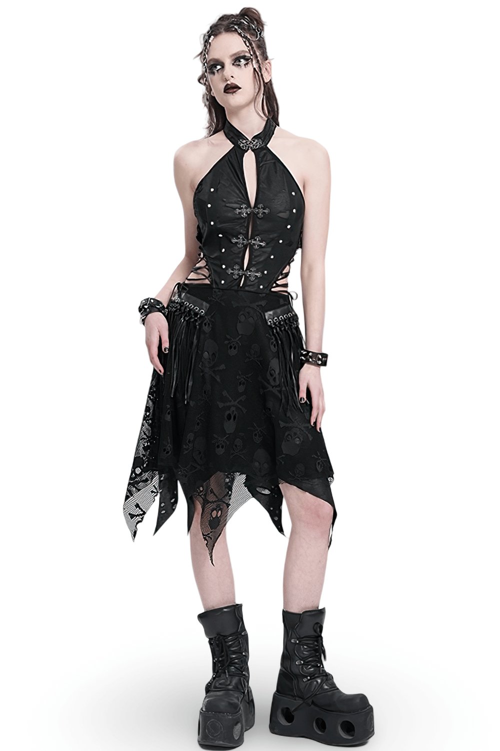 Gothic halter dress featuring skull lace, cutout bodice, and cross embellishments, styled with edgy accessories.