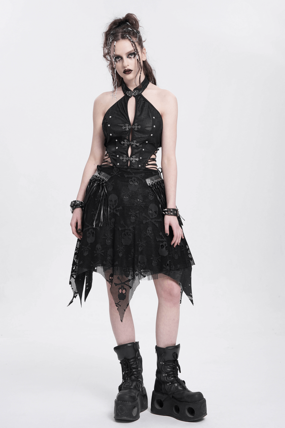 Gothic halter dress with skull lace, cutout bodice, and cross embellishments, perfect for punk fashion.