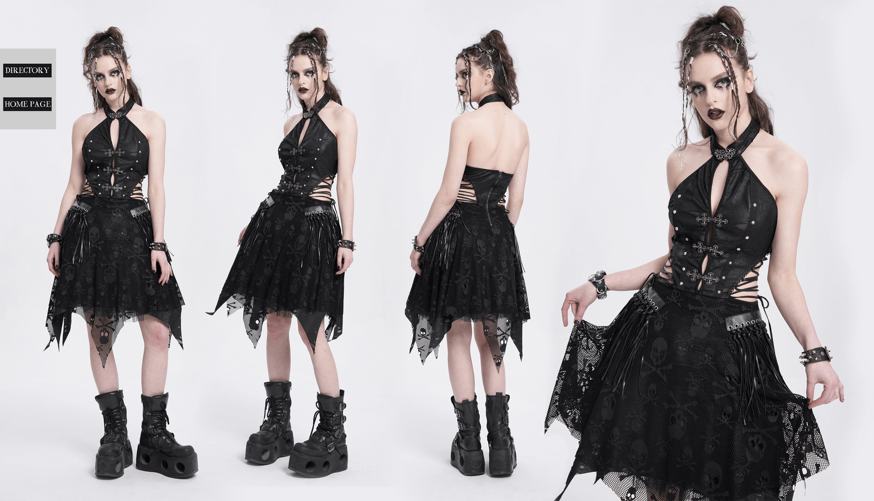 Stylish Gothic Halter Dress featuring skull lace, cross embellishments, and edgy fringe detailing for a punk look.