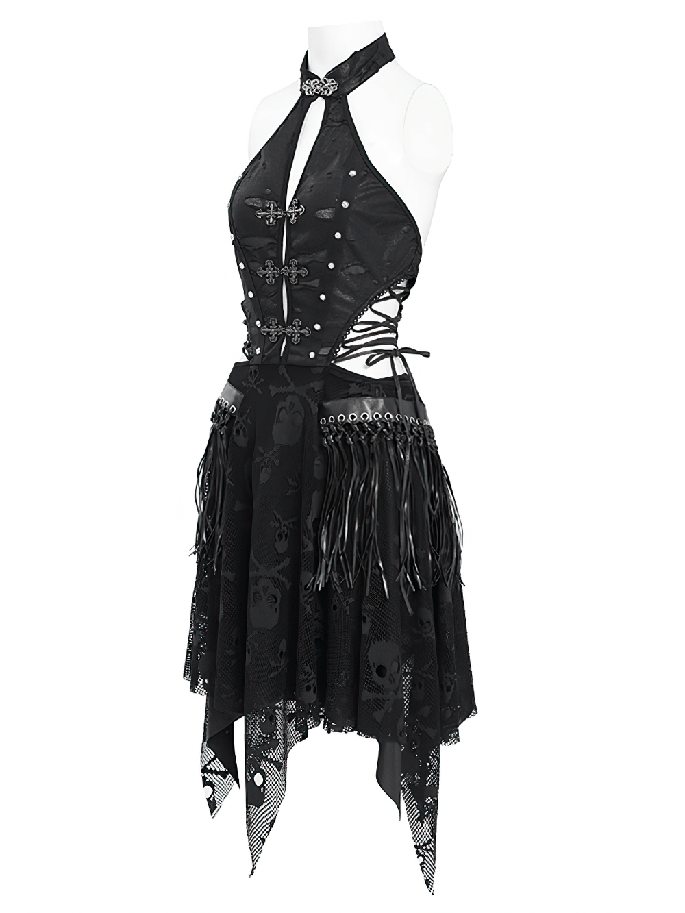 Gothic halter dress with skull lace, cross embellishments, and punk fringe detailing, perfect for edgy fashion lovers.