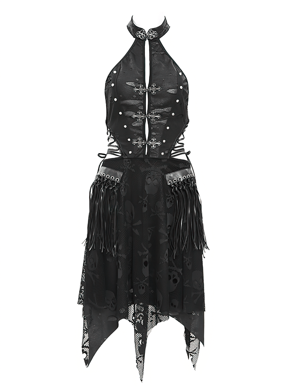 Gothic halter dress with skull lace, cross embellishments, and edgy fringe detailing for punk fashion lovers.