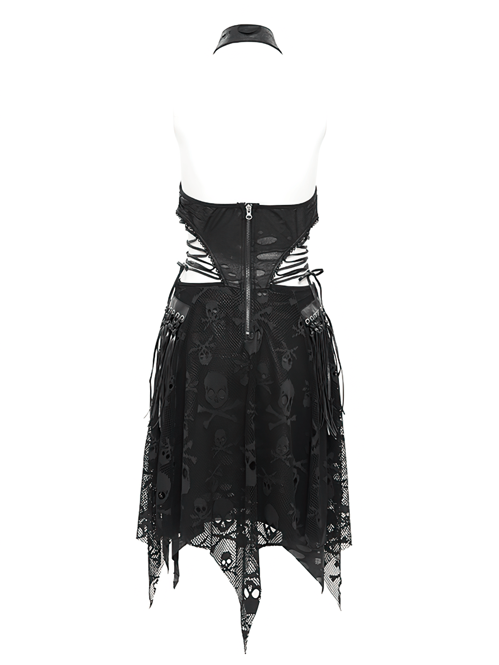 Back view of gothic halter dress with skull lace and fringe detailing, showcasing edgy cutout bodice and lace-up sides.