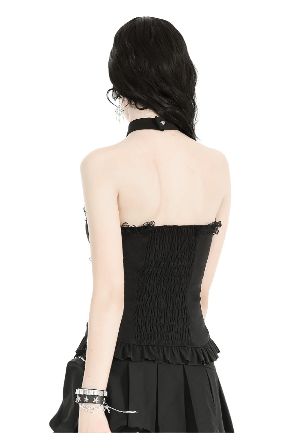Back view of Gothic Halter Lace Corset Top with ruffles, showcasing its intricate design and straps.