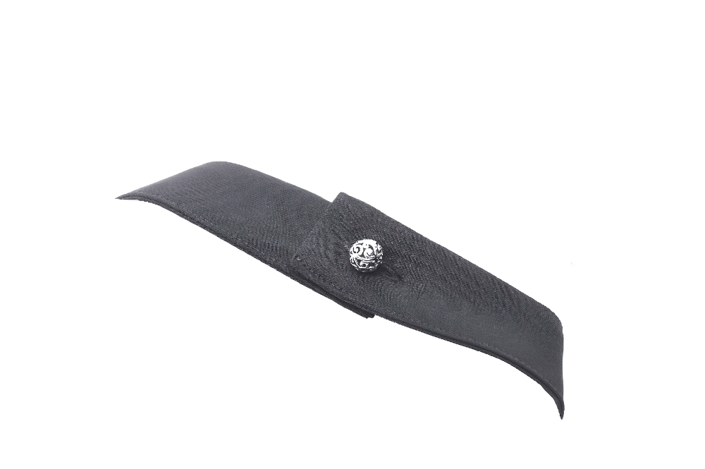 Black leather collar with ornate silver button for gothic fashion enthusiasts.