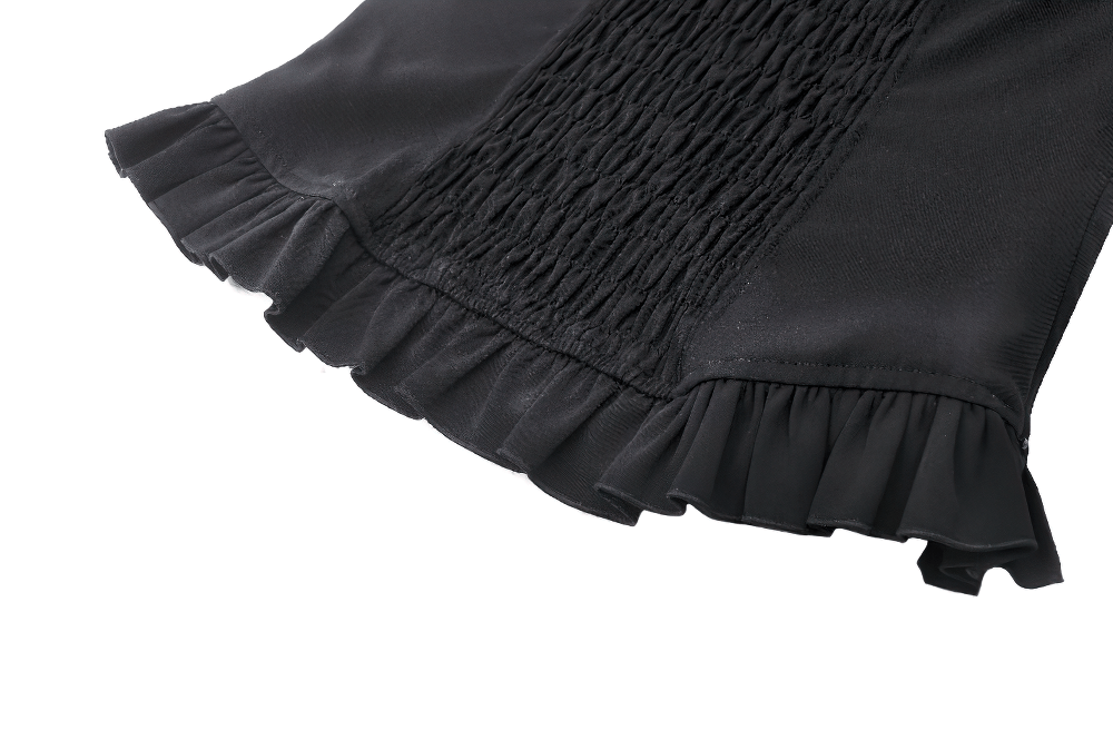 Close-up of black lace halter corset top featuring ruffle trim and gathered detailing for a gothic fashion vibe.