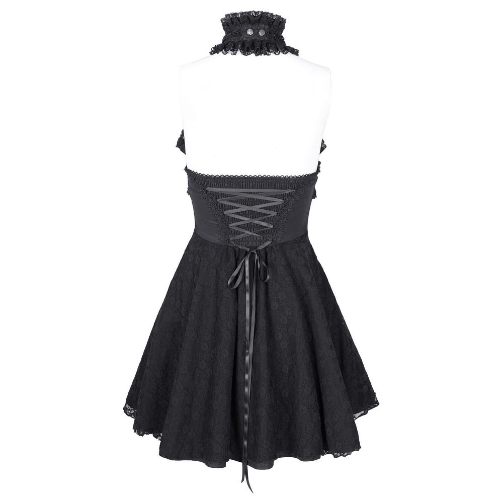 Back view of black lace mini dress with halter neck and lace-up details, perfect for gothic style enthusiasts.