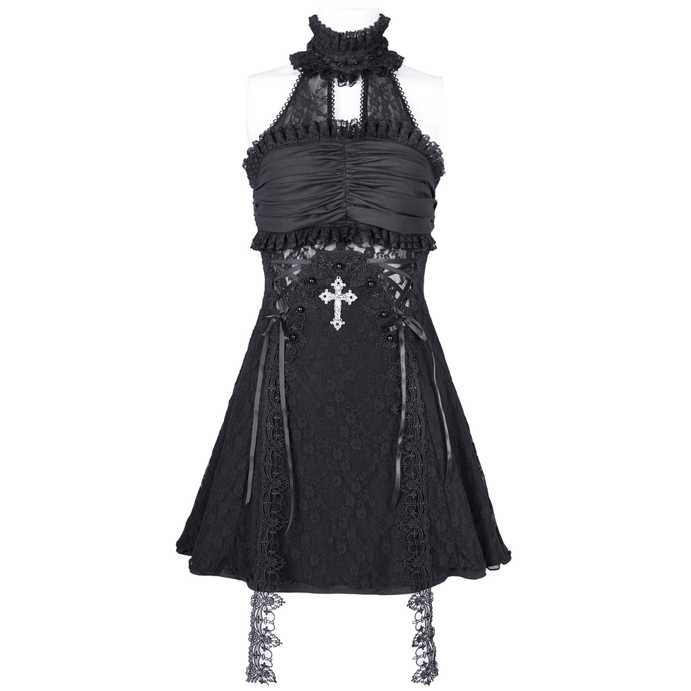 Gothic halter lace mini dress with cross and ruching details, perfect for a dark and stylish night out.