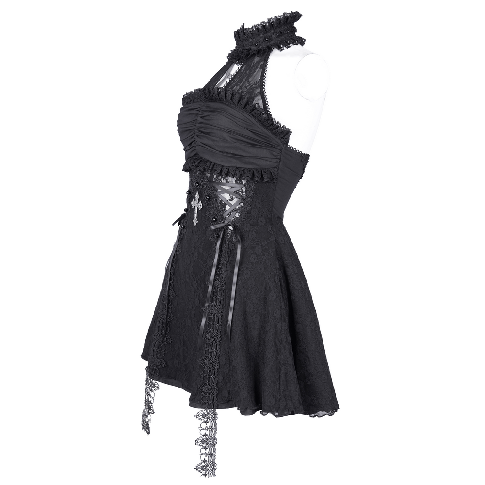 Black lace mini dress with ruched details and cross, perfect for gothic style and nighttime adventures.