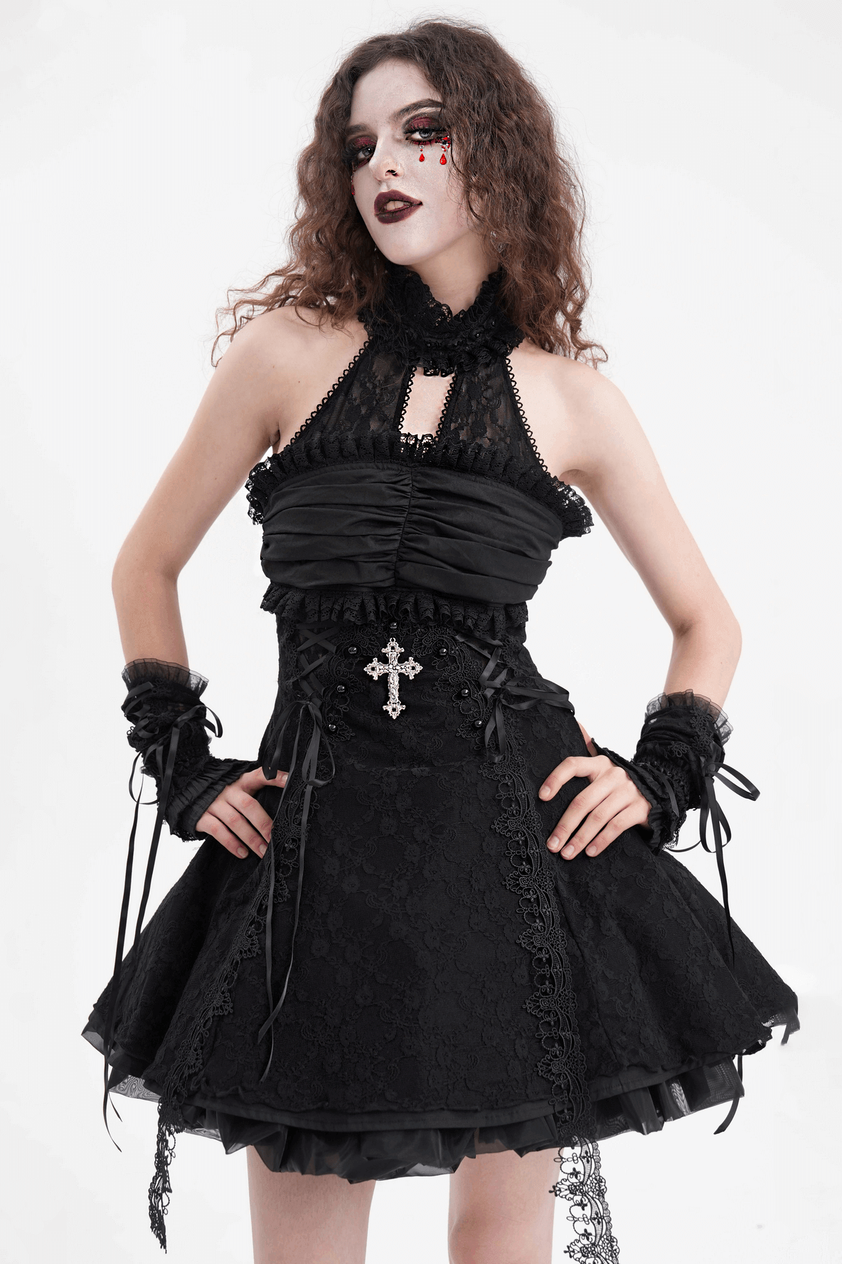 Gothic halter lace mini dress with ruched details and cross for a dark, captivating look.