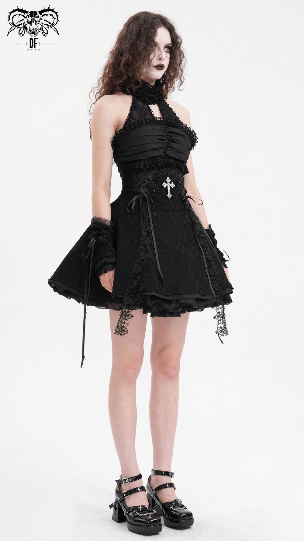 Gothic halter lace mini dress with cross detail, perfect for a night out or costume party.