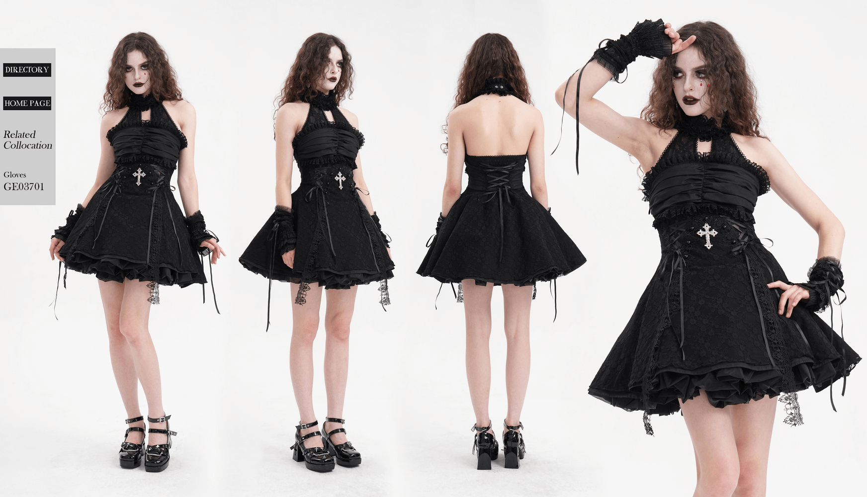 Gothic halter lace mini dress with cross detail and ruched skirt, perfect for a dark, stylish look.
