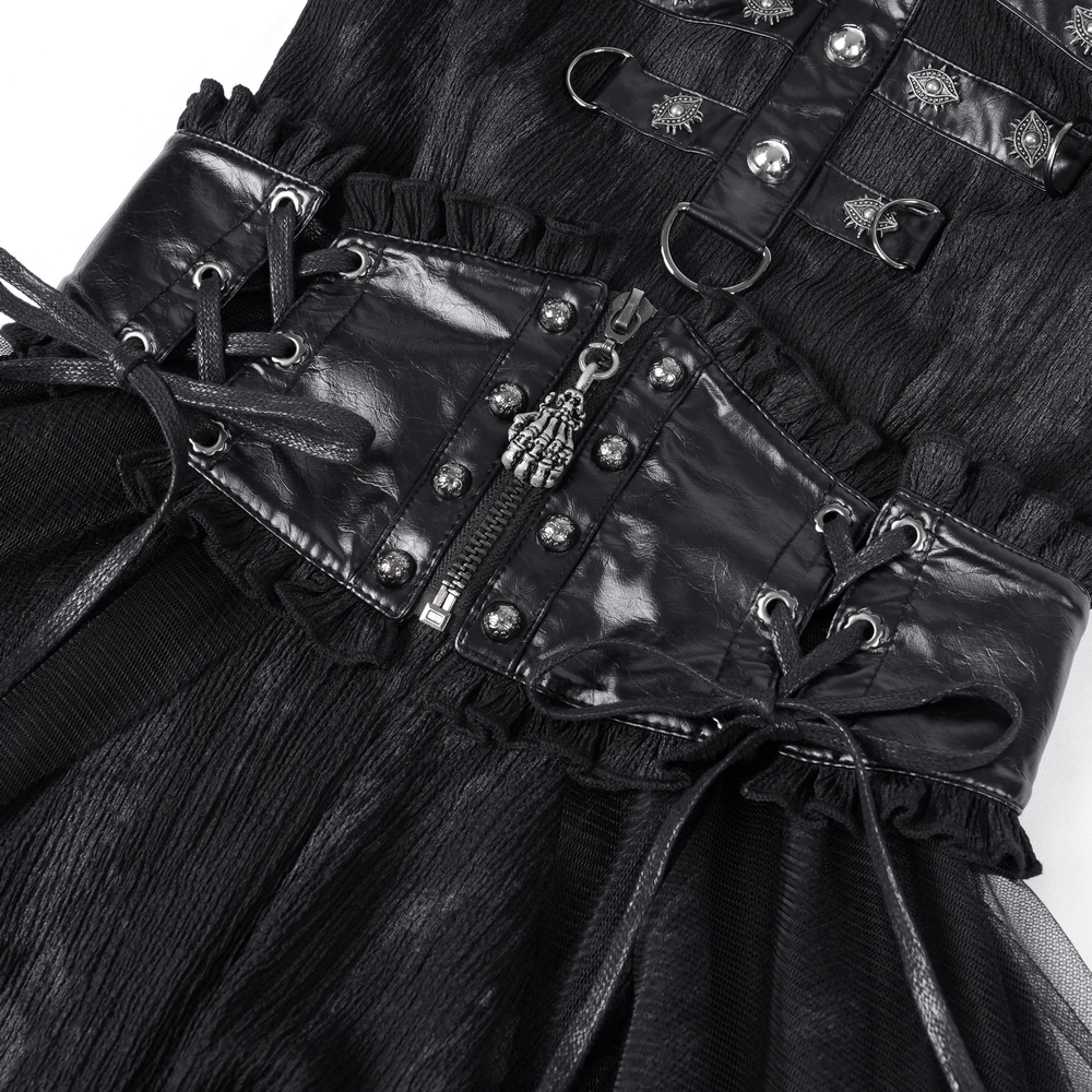 Close-up of Gothic halter mini dress with leather corset waist, lace-up details, and layered tulle skirt.