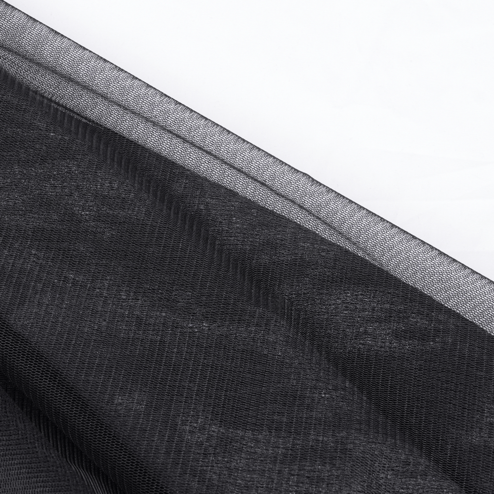 Black mesh fabric showcasing a soft, sheer texture, perfect for gothic and alternative fashion designs.