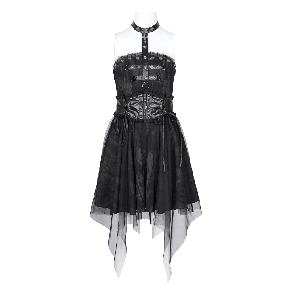 Gothic halter mini dress with lace-up back and layered tulle, perfect for edgy night-outs or alternative events.